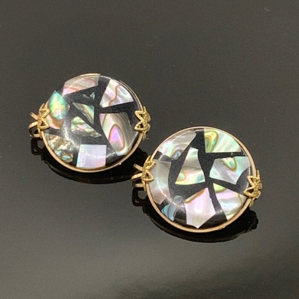 HILLCRAFT Vtg Slide-On Earrings Abalone and Black Plastic or Resin J775
